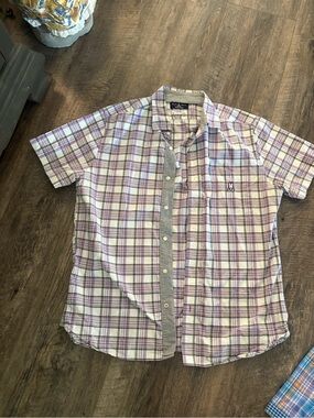 Psycho Bunny Lavender and White Plaid Short-Sleeve Button-Up Shirt